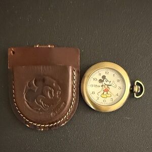 90’s Disney Time Works Mickey Mouse Watch with Brown Leather Pouch